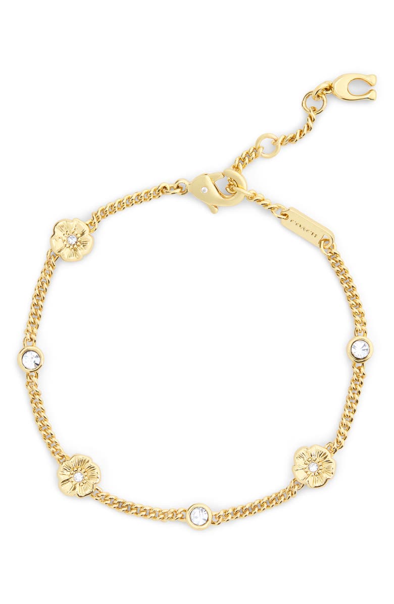 COACH Tea Rose & Crystal Station Bracelet, Main, color, Shiny Gold
