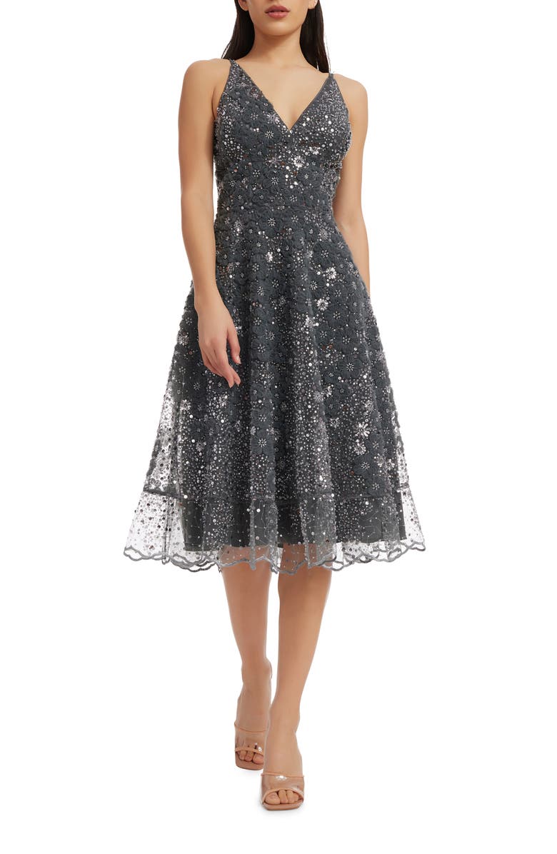 Dress the Population Elisa Sequin Floral Lace Cocktail Midi Dress, Main, color, Steel