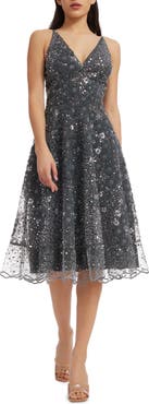 Dress the Population Elisa Sequin Floral Lace Cocktail Midi Dress