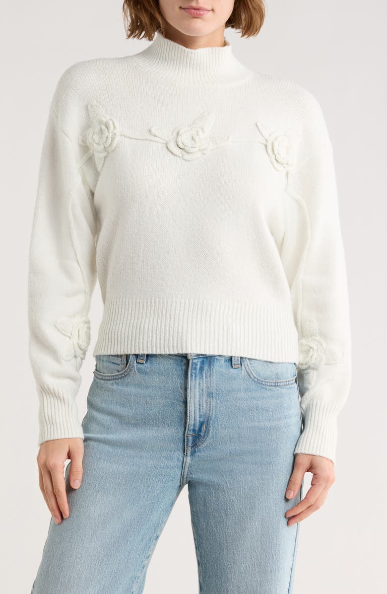 Love By Design Hollyhock Flower Embellished Sweater, Main, color, Egret