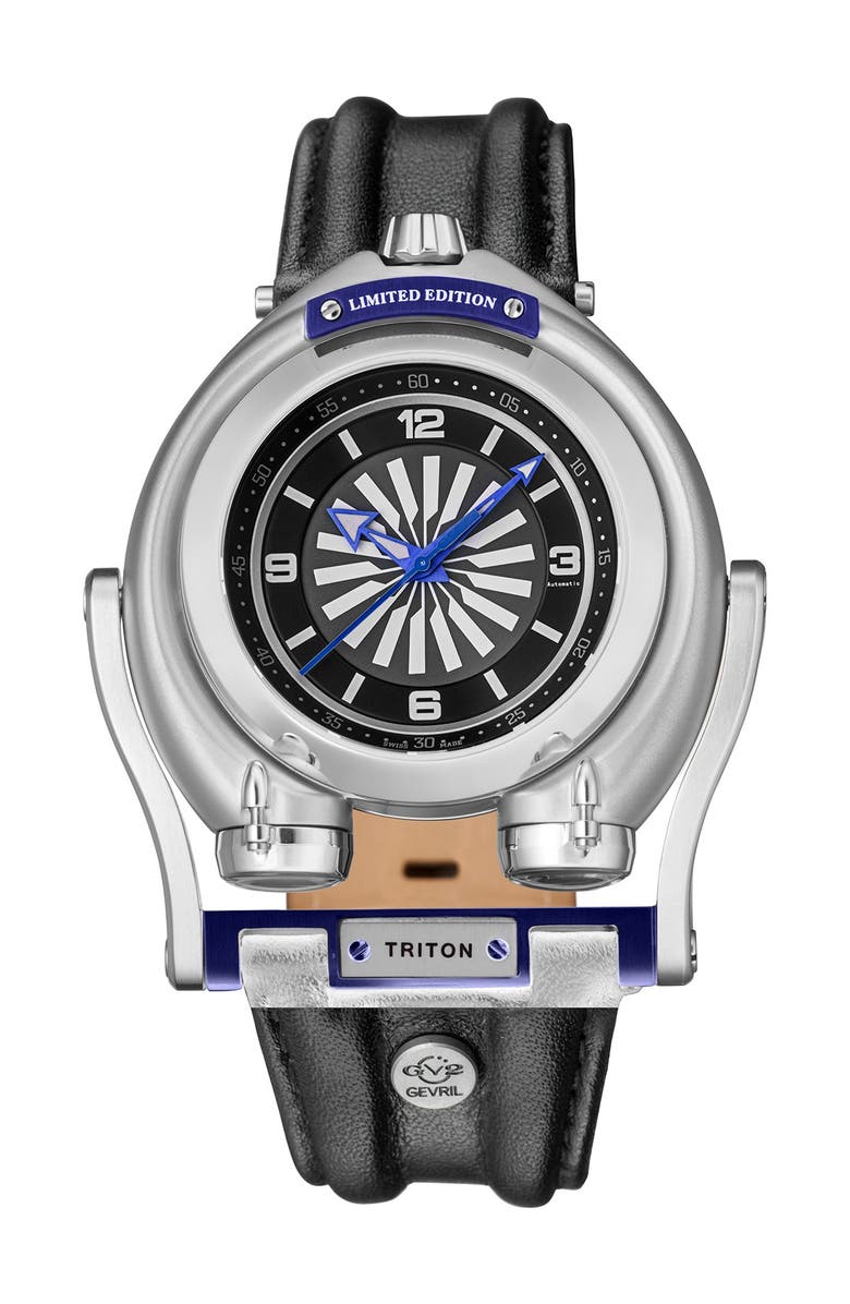 GV2 Triton Leather Strap Watch, 49mm, Main, color, Black