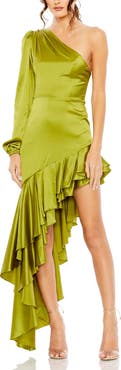 Mac Duggal Charmeuse One Sleeve Ruffled Asymmetrical Gown
