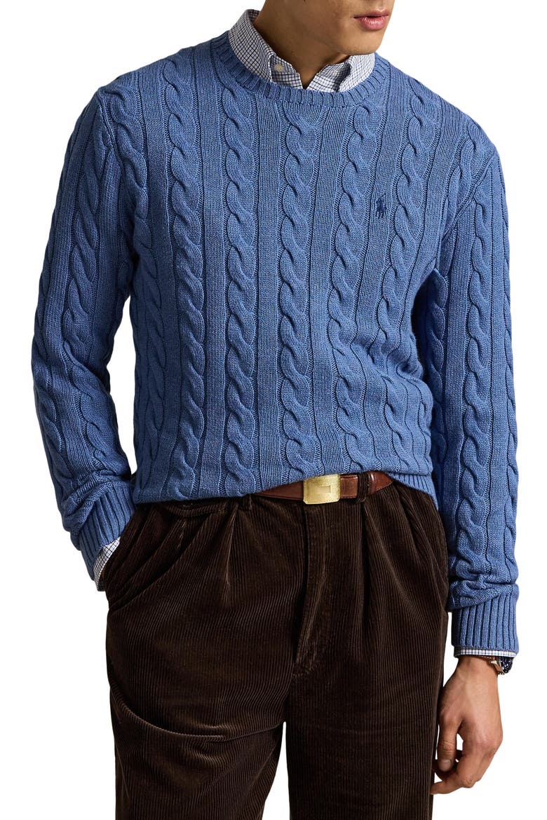 Cabled Cotton Crewneck Sweater, Main, color, BLUEBORG