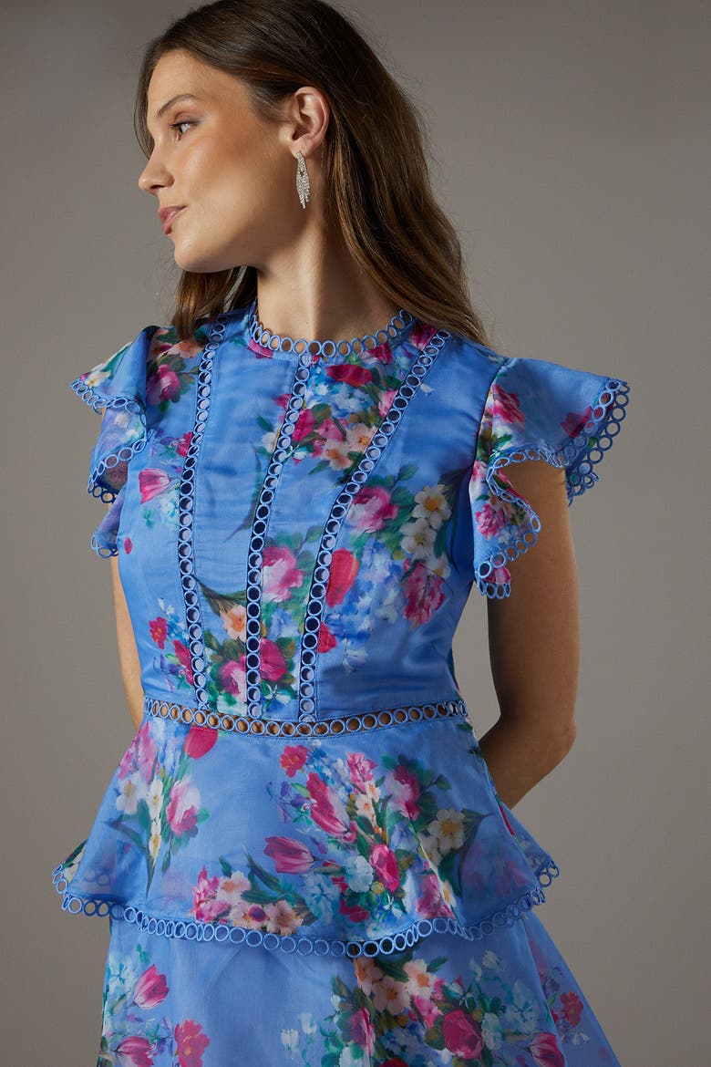 Lace Trim Tiered Organza Midi Dress, Alternate, color, Blue