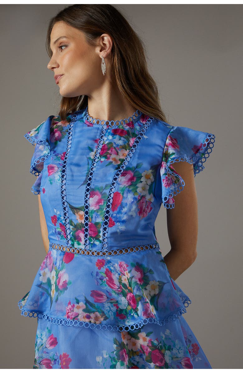 Coast Lace Trim Tiered Organza Midi Dress, Alternate, color, Blue