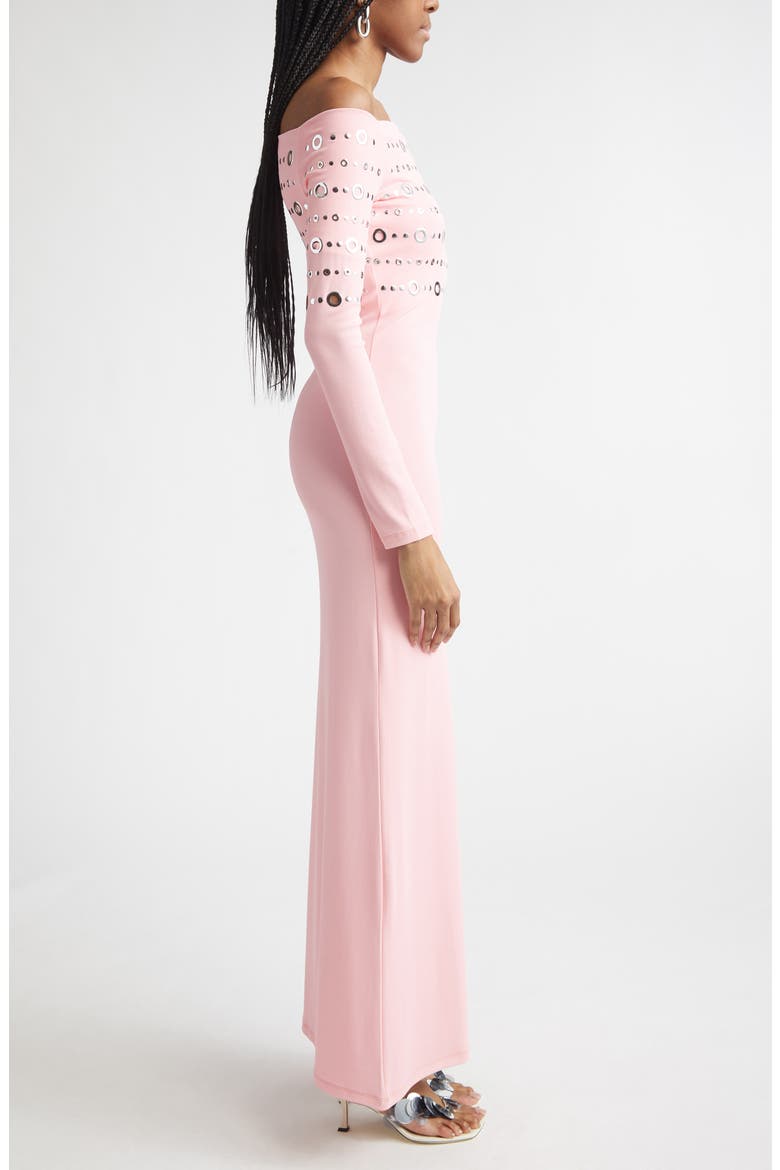 Embellished Off the Shoulder Long Sleeve Jersey Dress, Alternate, color, FLUO PINK