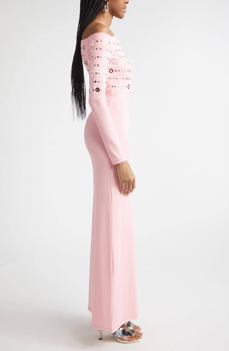 Rabanne Embellished Off the Shoulder Long Sleeve Jersey Dress, Alternate, color, Fluo Pink
