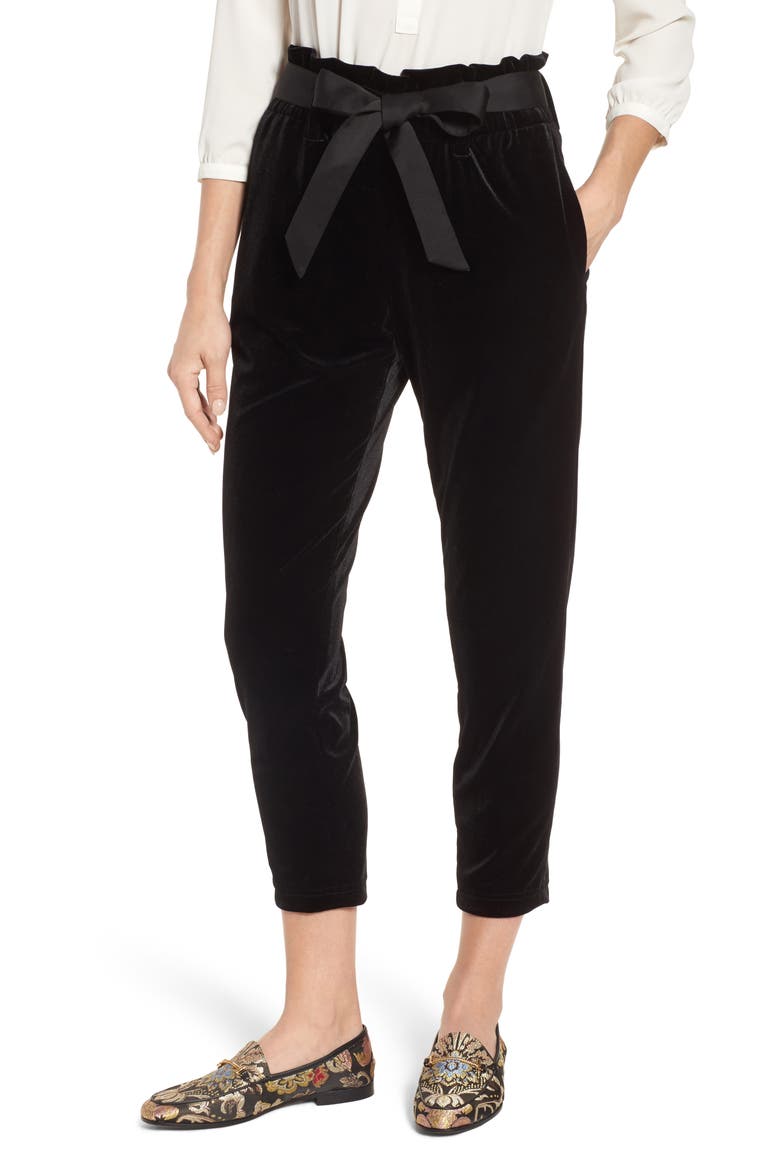 Tie Waist Velvet Pants, Main, color, BLACK