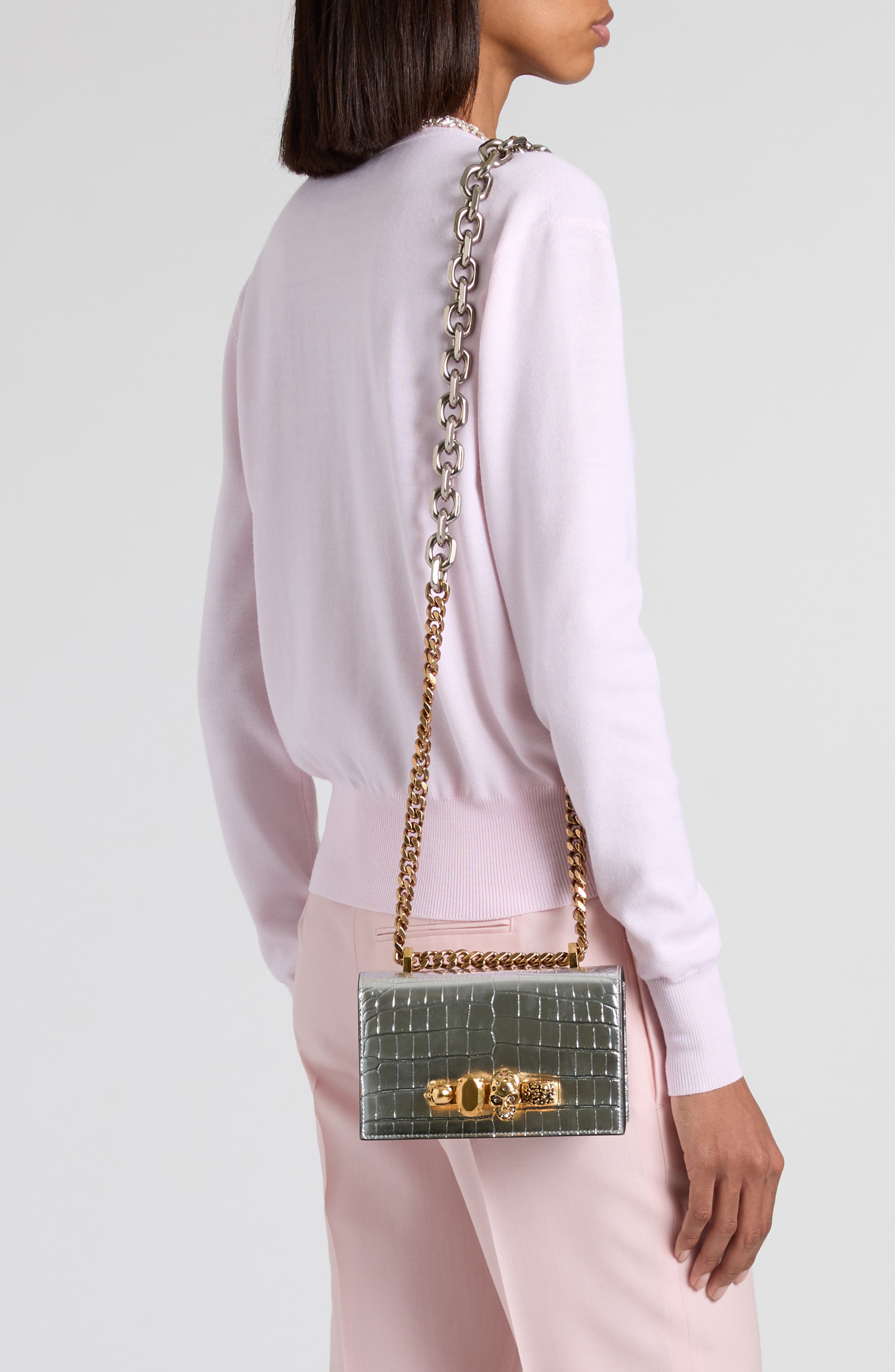 McQueen Mini Jeweled Croc Embossed Leather Satchel, Alternate, color, 