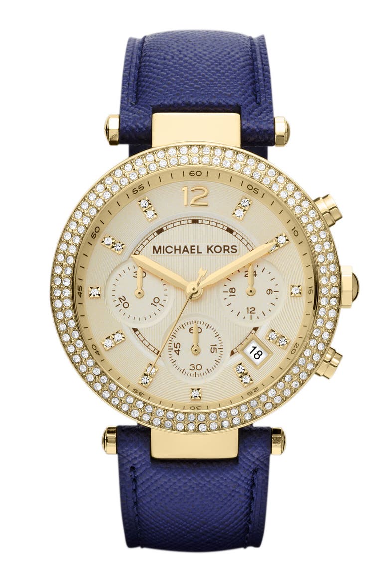 Michael Kors 'Parker' Chronograph Leather Watch, 39mm, Main, color, NAVY/ GOLD
