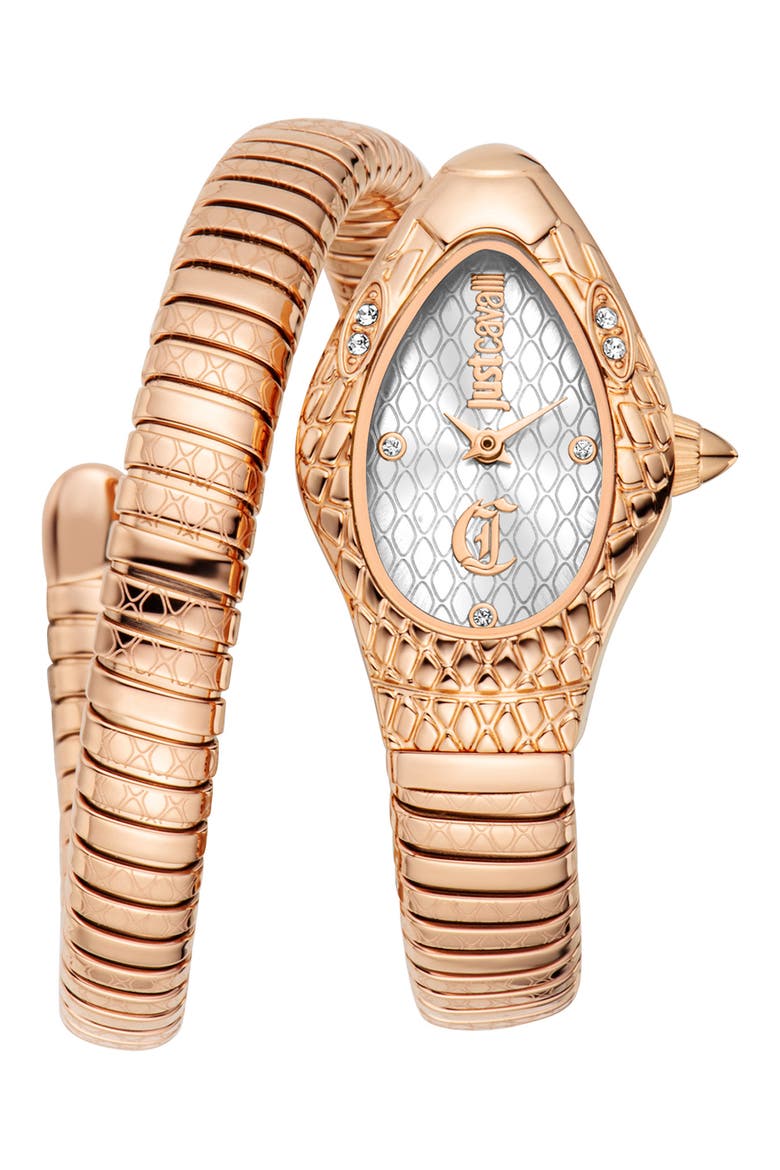 Snake Rose Gold Tone Wraparound Bracelet Watch, 20mm x 34.5mm, Main, color, ROSE GOLD