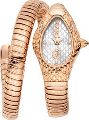 Just Cavalli Snake Rose Gold Tone Wraparound Bracelet Watch, 20mm x 34.5mm