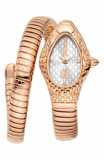Just Cavalli Snake Rose Gold Tone Wraparound Bracelet Watch, 20mm x 34.5mm