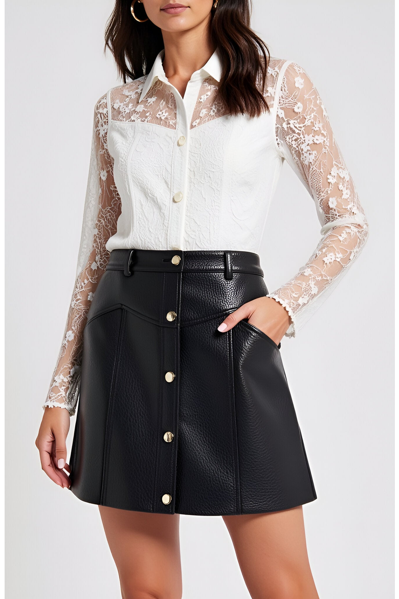 Faux Leather A-Line Skirt with Front Button Detail and Belt Loops, Alternate, color, Black
