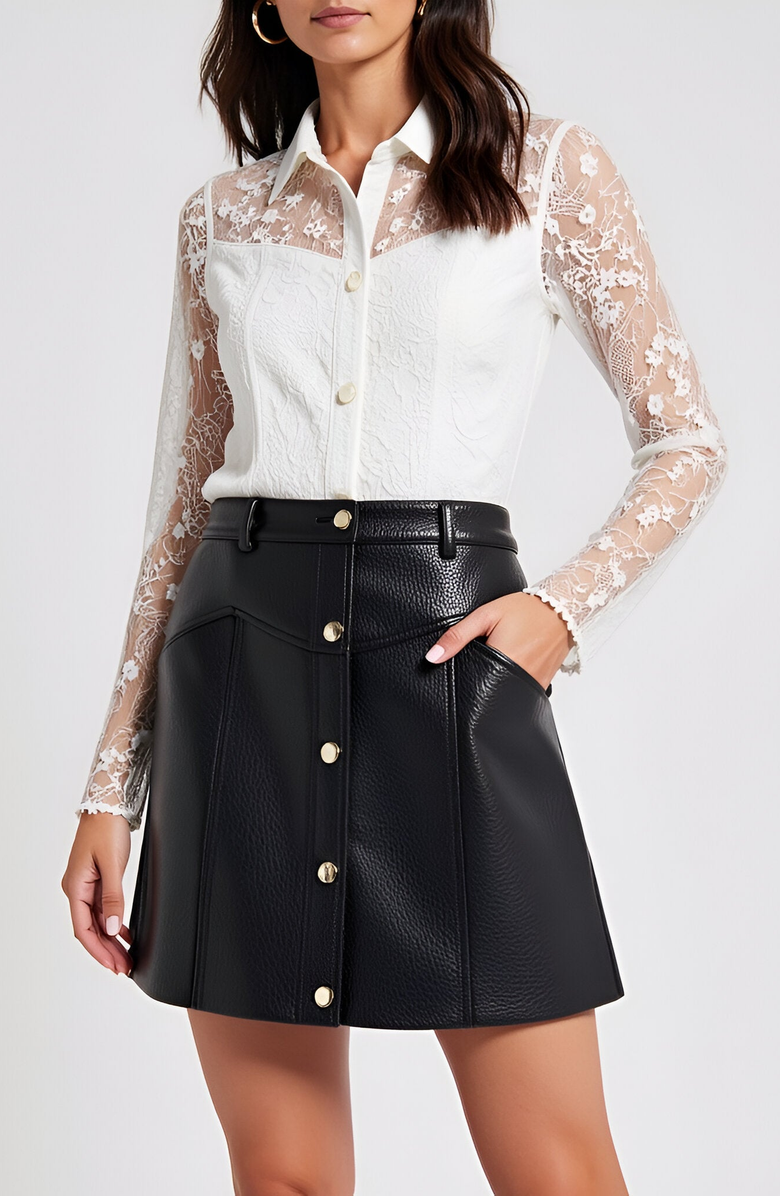 Modenaire Faux Leather A-Line Skirt with Front Button Detail and Belt Loops, Alternate, color, 
