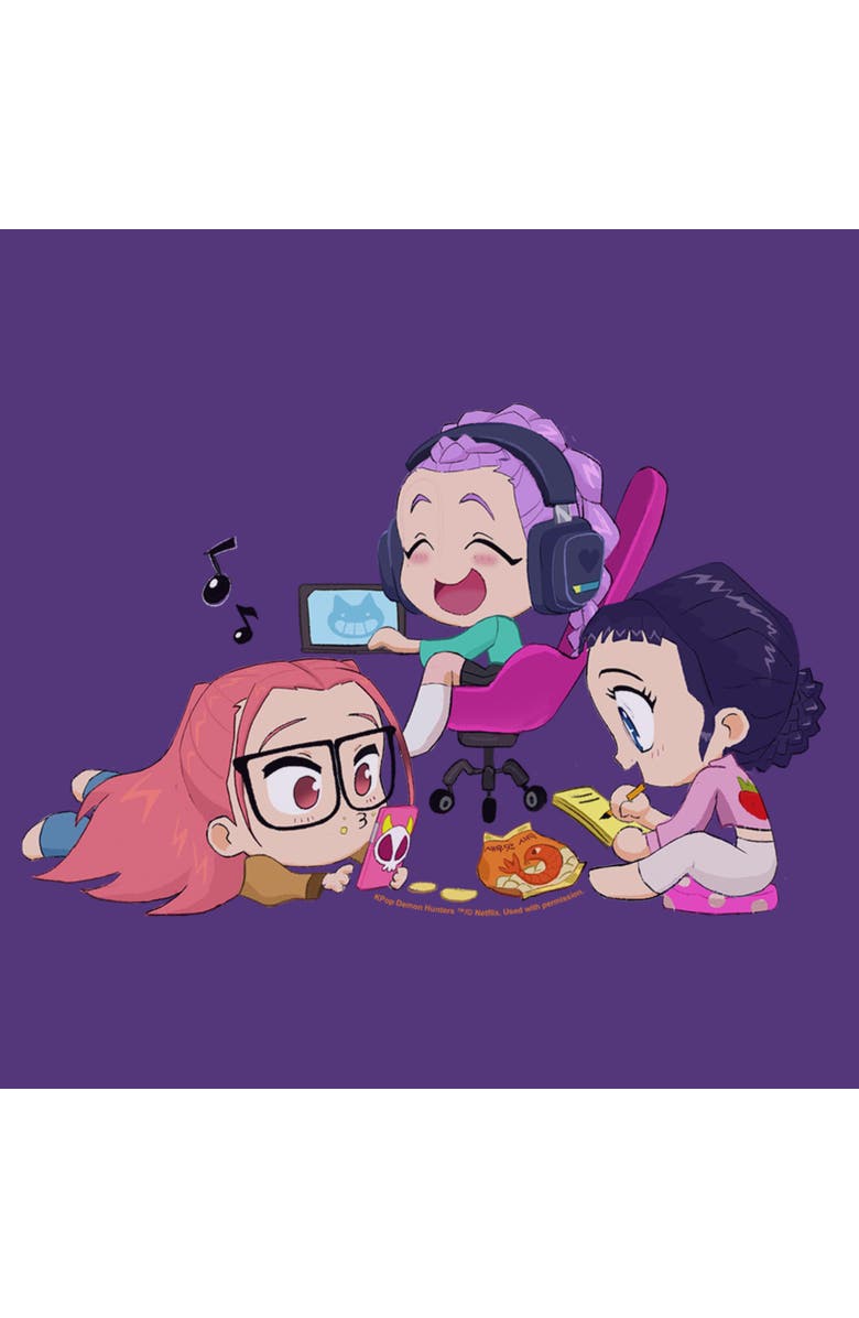 KPop Demon Hunters Men's KPop Demon Hunters Chibi Girls Playing Graphic T-Shirt, Alternate, color, Purple