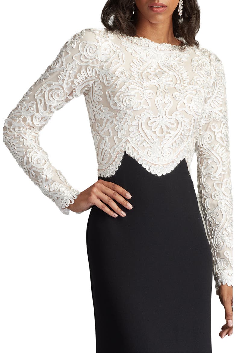 Scroll Lace Long Sleeve Crepe Gown, Alternate, color, IVORY/ BLACK