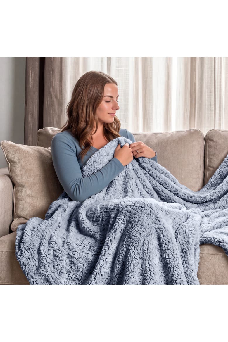 Tipped Faux Shearling Throw Blanket, Alternate, color, Dark Blue