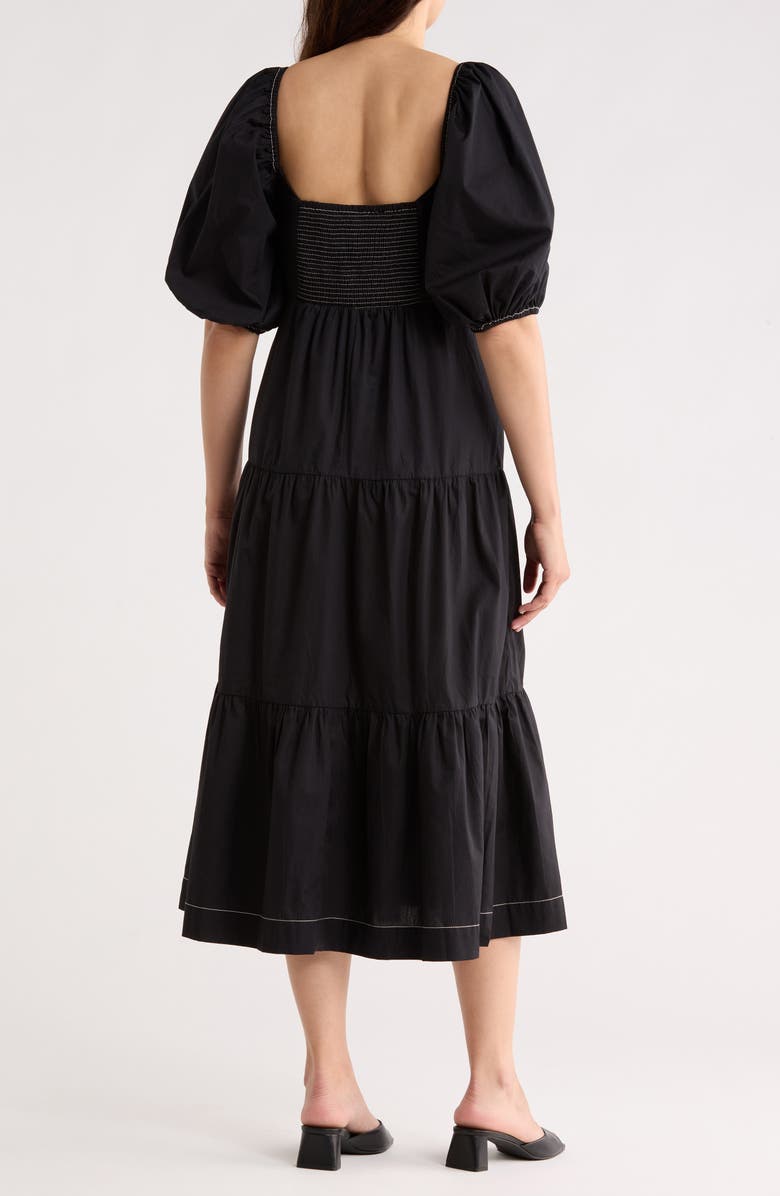 DRESS TO Puff Sleeve Tiered Cotton Midi Dress, Alternate, color, Black