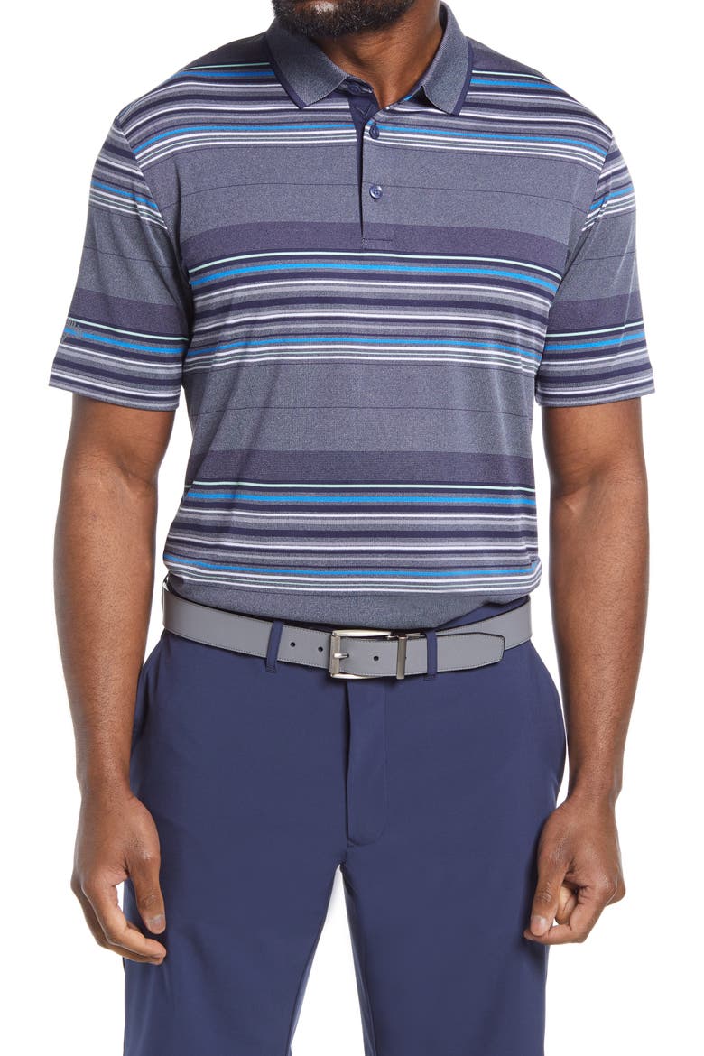 Swing Tech™ Oxford Stripe Performance Golf Polo, Main, color, PEACOAT HEATHER