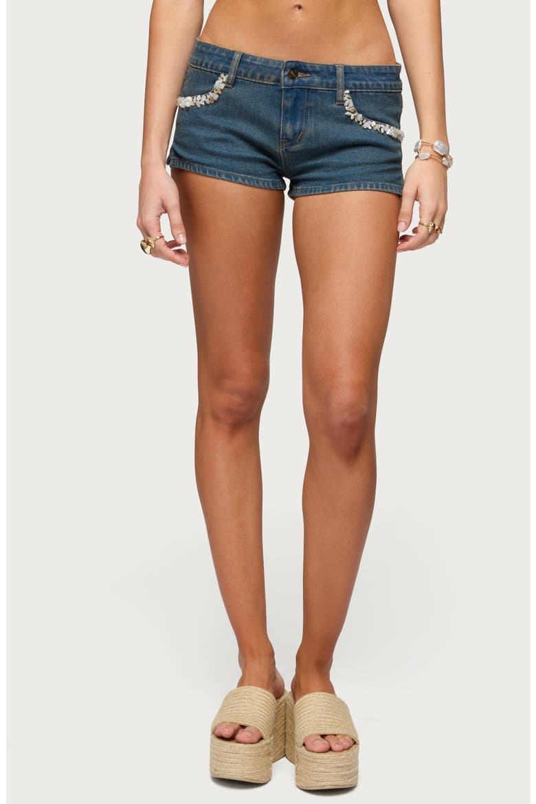 Zanna Embellished Low Rise Denim Shorts, Main, color, BLUE-WASHED