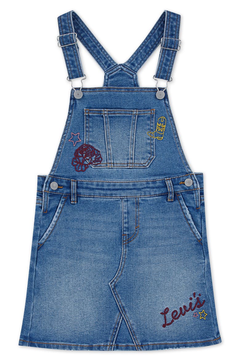 Kids' Embroidered Denim Overall Dress, Main, color, DANCE AROUND