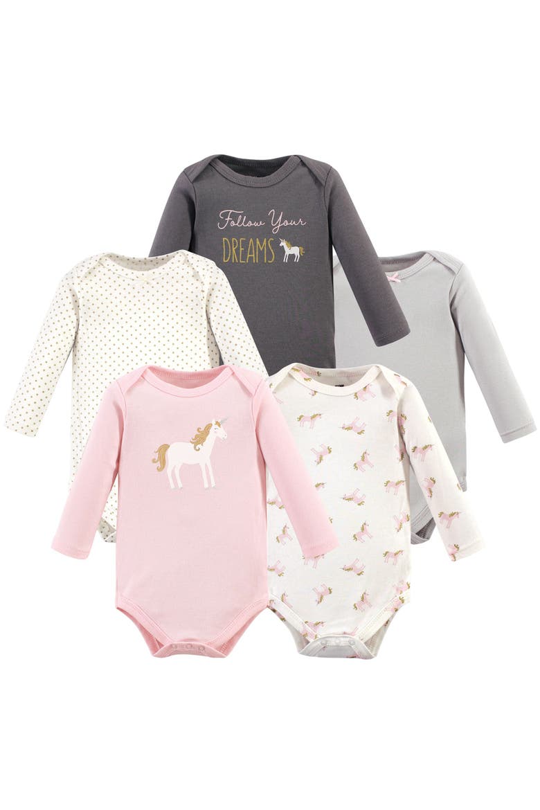 Soft Cotton Long-Sleeve Bodysuits, Main, color, Gold Unicorn