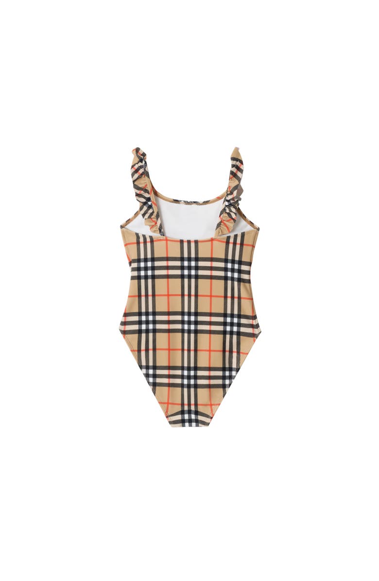 Burberry Ruffle Trim Check Swimsuit, Alternate, color, Sand Beige