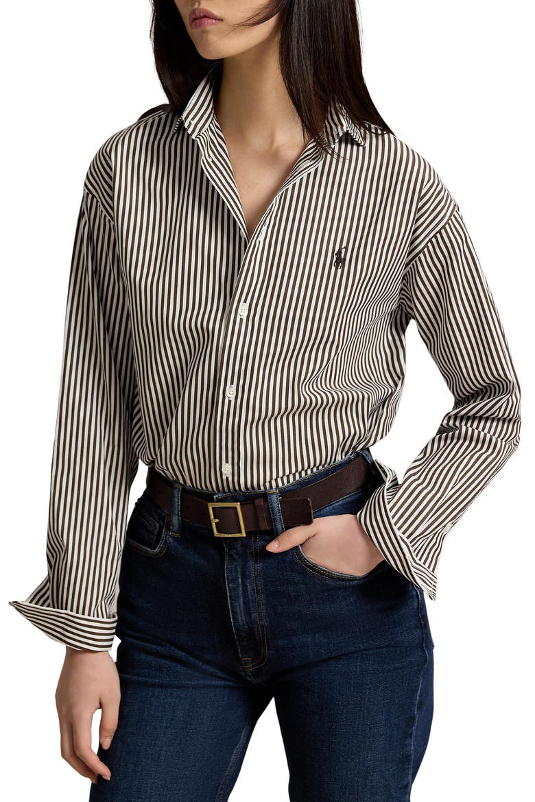 Stripe Relaxed Fit Cotton Button-Up Shirt, Main, color, BROWN/ WHITE