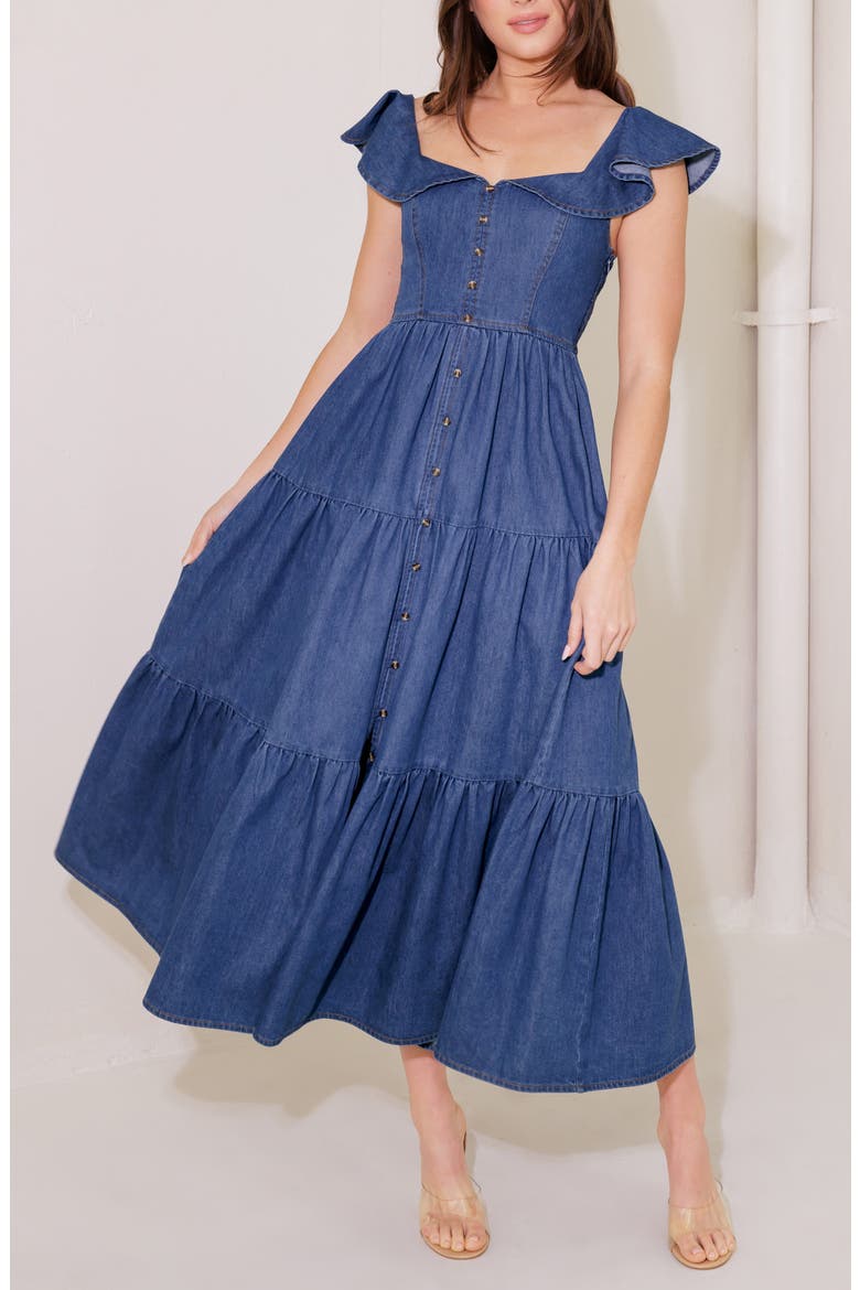Flutter Sleeve Chambray Maxi Dress, Alternate, color, DENIM BLUE