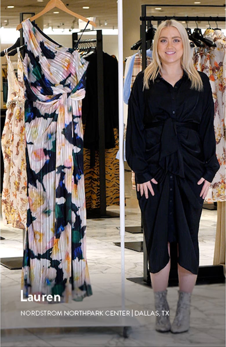 Pleated Floral One-Shoulder Chiffon Gown, sales video thumbnail