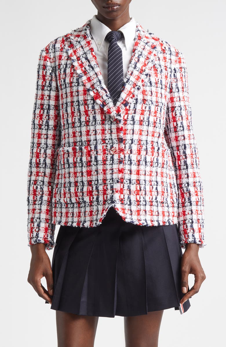 Thom Browne Shrunken Semi Semiconstructed Bouclé Tweed Sport Coat, Main, color, Red/White/Blue