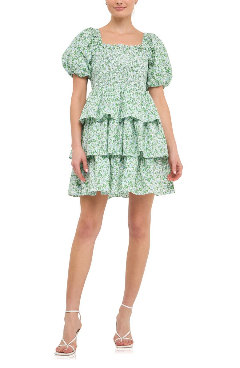 Free the Roses Floral Smocked Puff Sleeve Cotton Minidress, Main, color,
