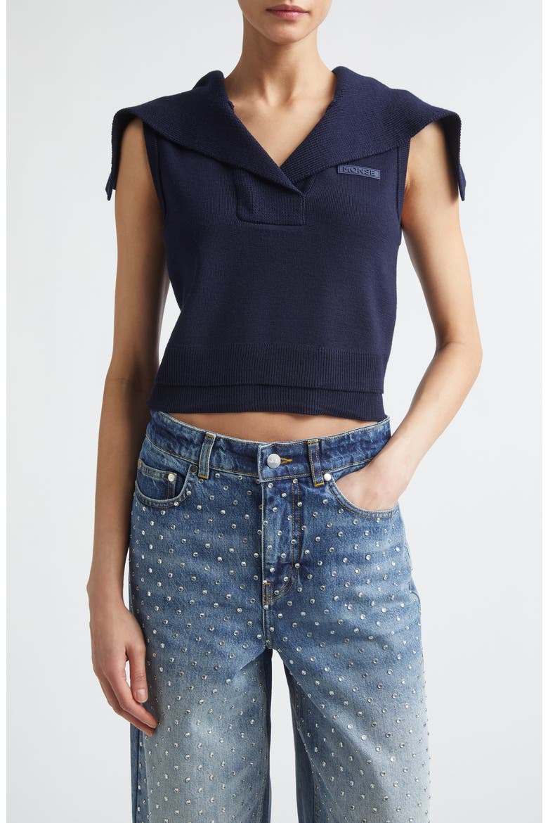 Crop Sailor Collar Merino Wool Sweater, Main, color, MIDNIGHT