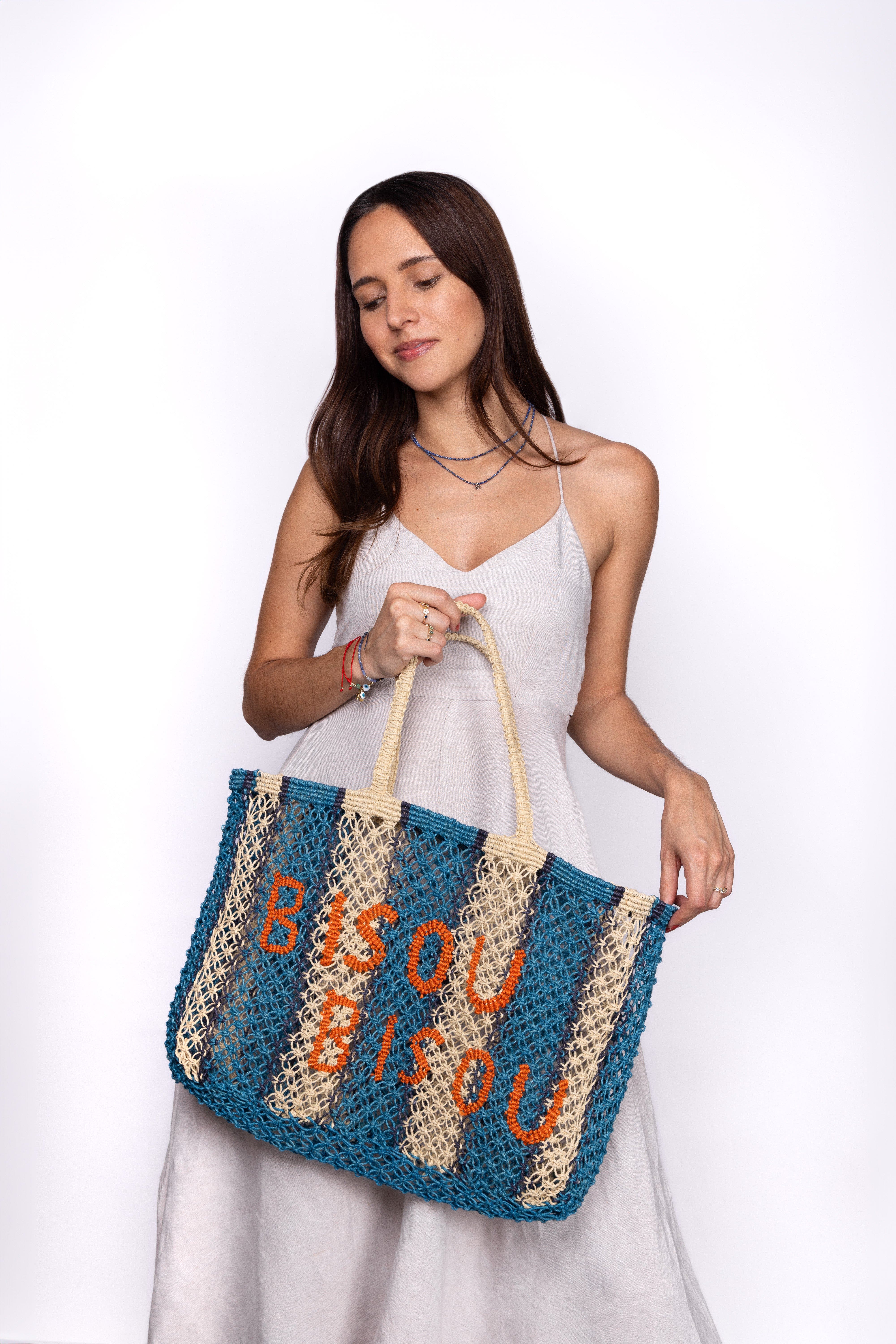 Tin Marin Bisou Bisou Woven Jute Tote, Alternate, color, Blue & White