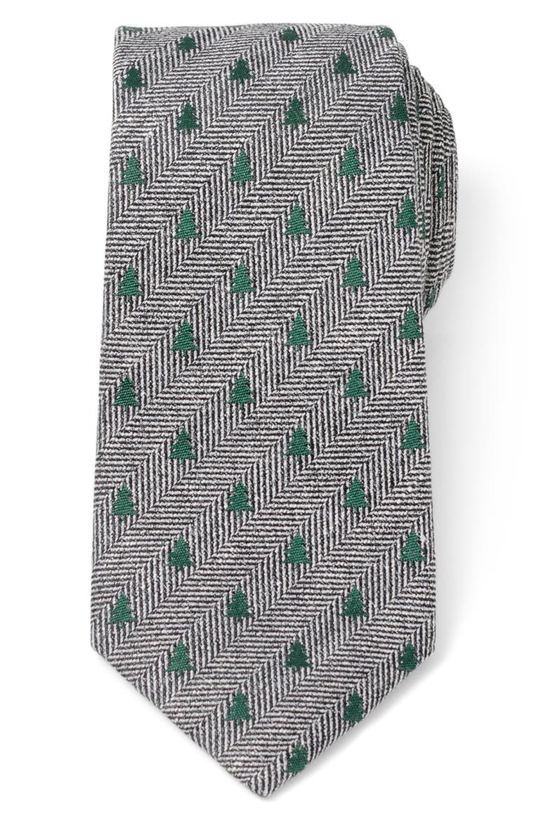 Holiday Tree Silk & Linen Blend Herringbone Tie, Main, color, GRAY
