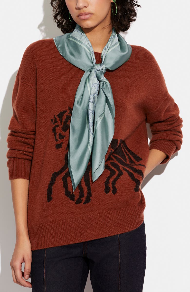 COACH Textured Signature Logo Square Silk Scarf, Main, color, Aquamarine