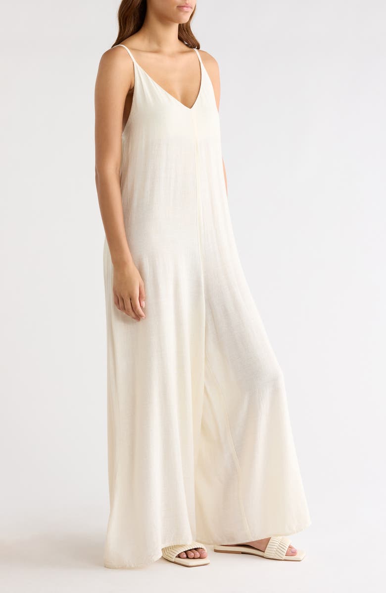Elan Wide Leg Cotton & Linen Blend Cover-Up Jumpsuit, Alternate, color, Off White