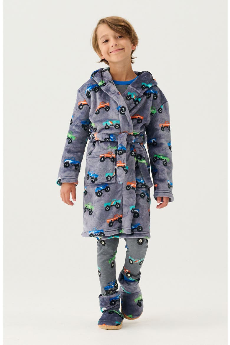 Kids' Monster Trucks Hooded Fleece Robe, Alternate, color, GREY