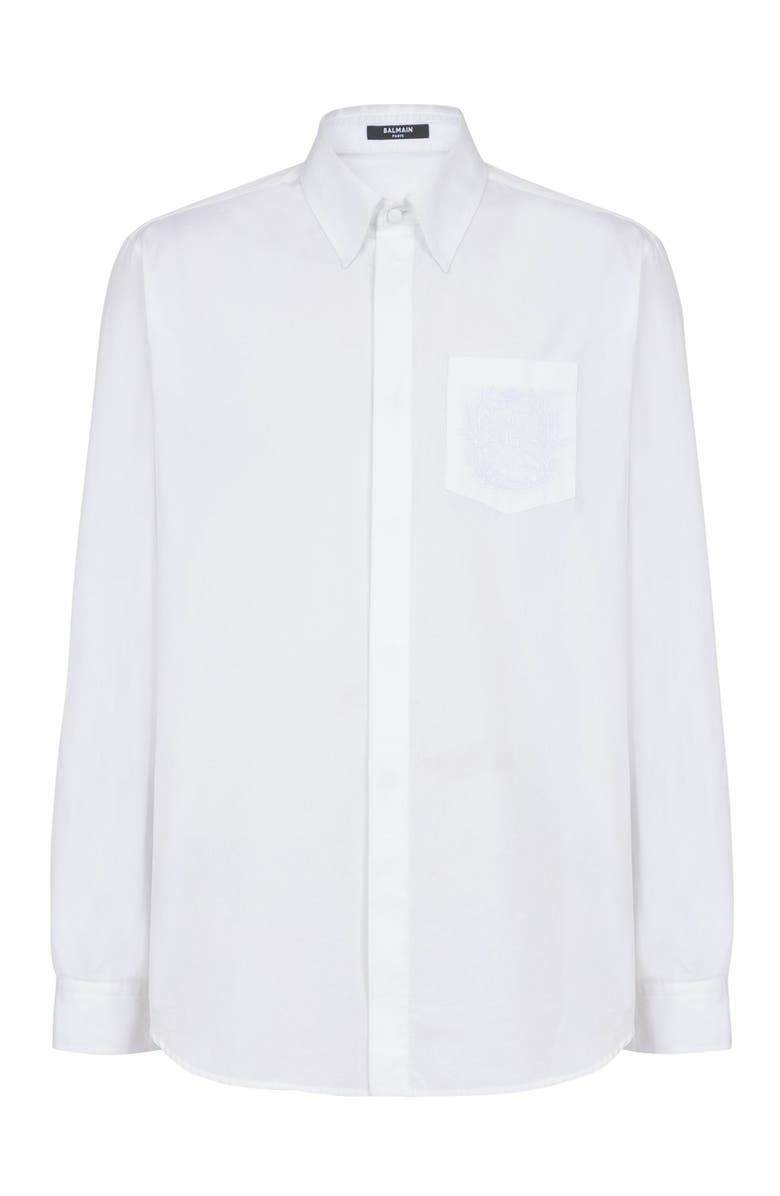 Balmain Écusson Embroidered Poplin Shirt, Alternate, color, White