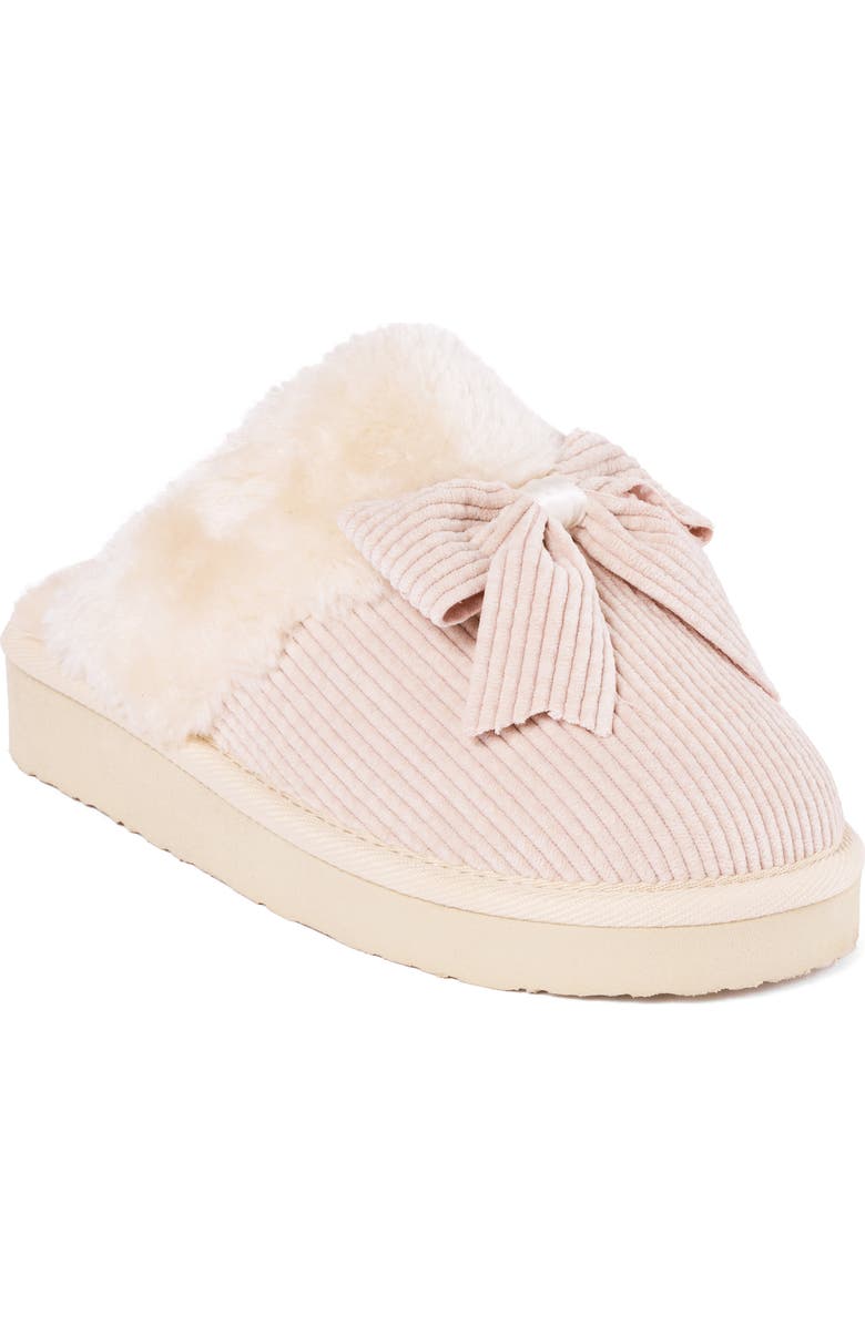 Minnetonka Bow Faux Fur Scuff Slipper, Main, color, Cream