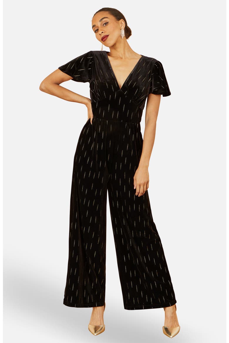 Foil Print Velvet Jumpsuit, Alternate, color, Black