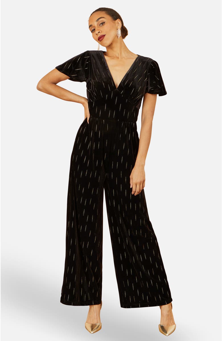 Yumi Foil Print Velvet Jumpsuit, Alternate, color, Black