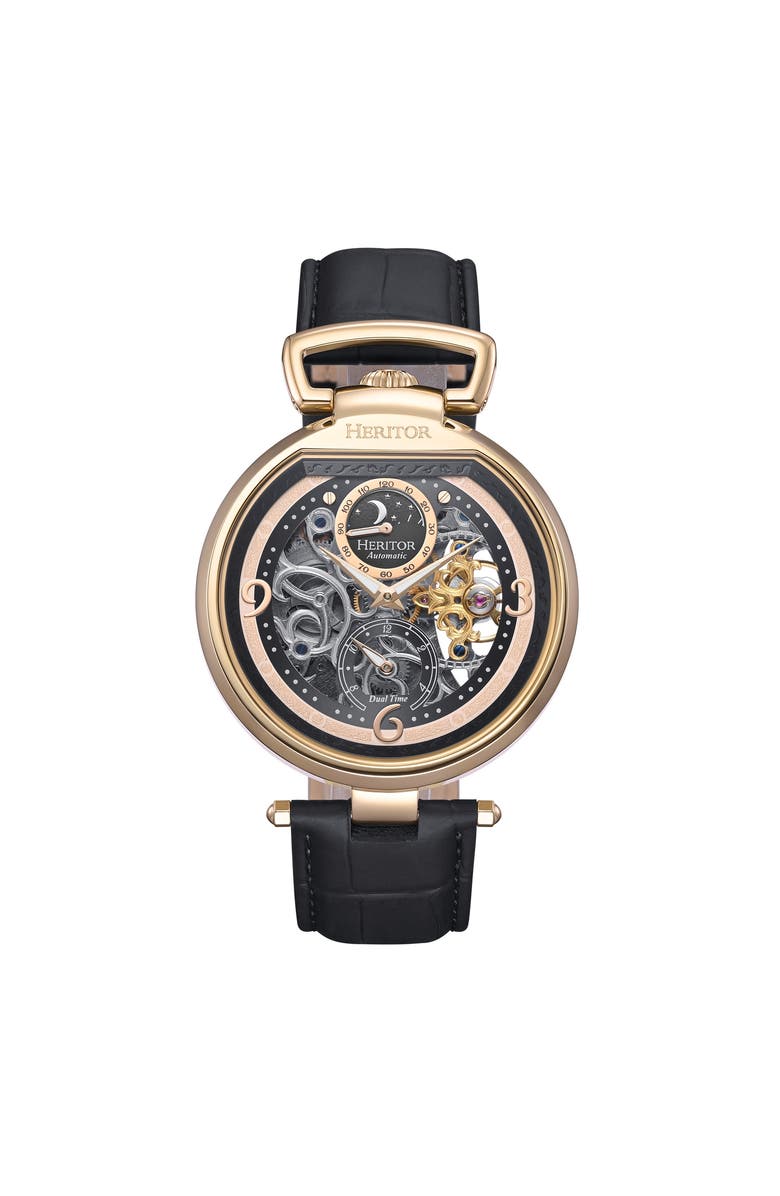 Heritor Automatic Lincoln Leather-Band Skeleton Watch with Moon Phase, Main, color, Gold