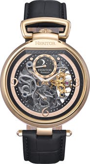 Heritor Automatic Lincoln Leather-Band Skeleton Watch with Moon Phase