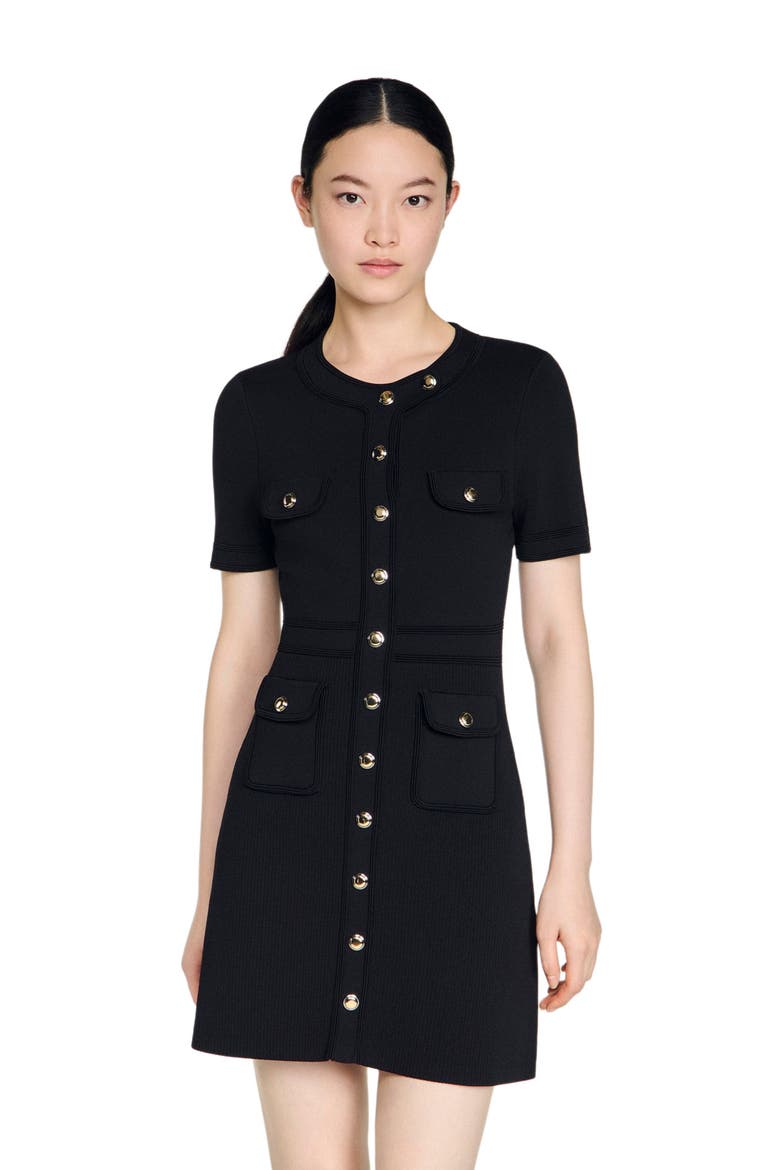 Button-up knit short dress, Main, color, Black