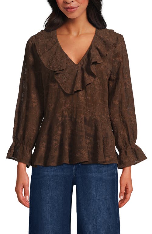 Lands' End Feminine Ruffle Chiffon V Neck Blouse In Brown