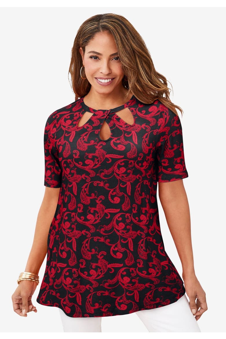 Stretch Knit Cutout Swing Tunic, Alternate, color, VIVID RED PAISLEY SCROLL