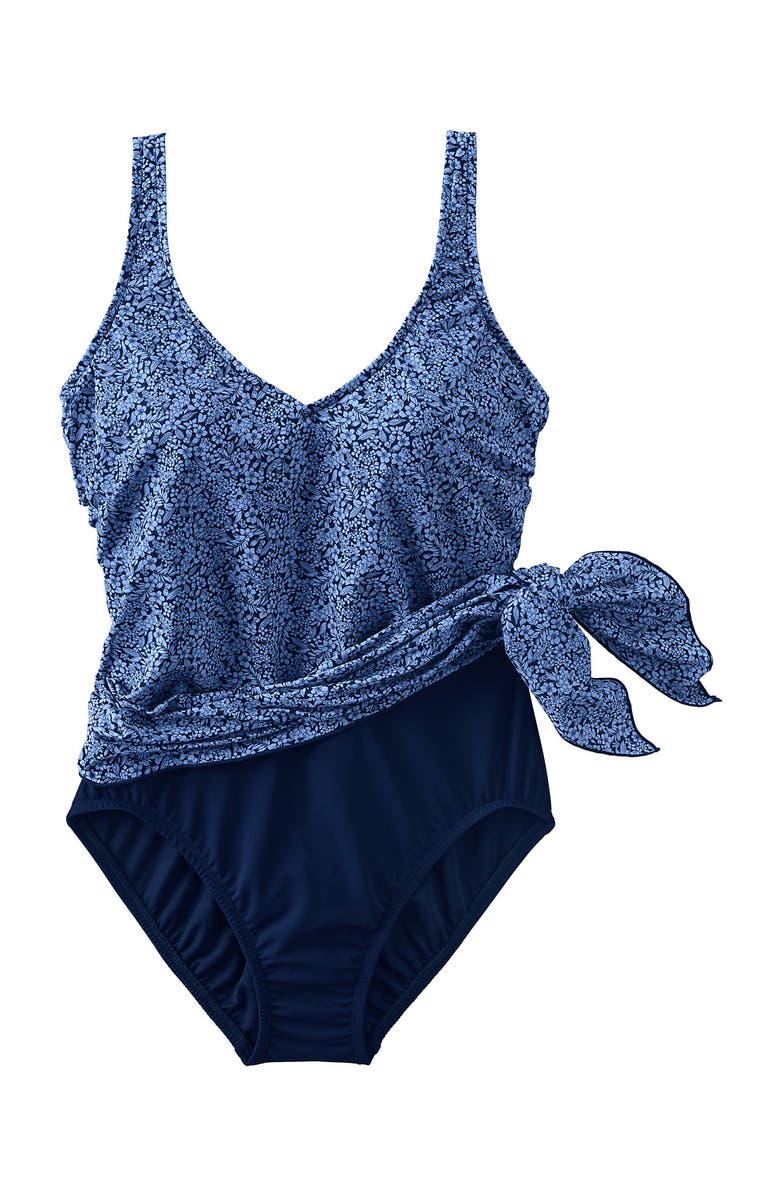 Lands' End Slender Suit Fauxkini One Piece Swimsuit, Alternate, color, Cloud Blue/Navy Ditsy Lilies