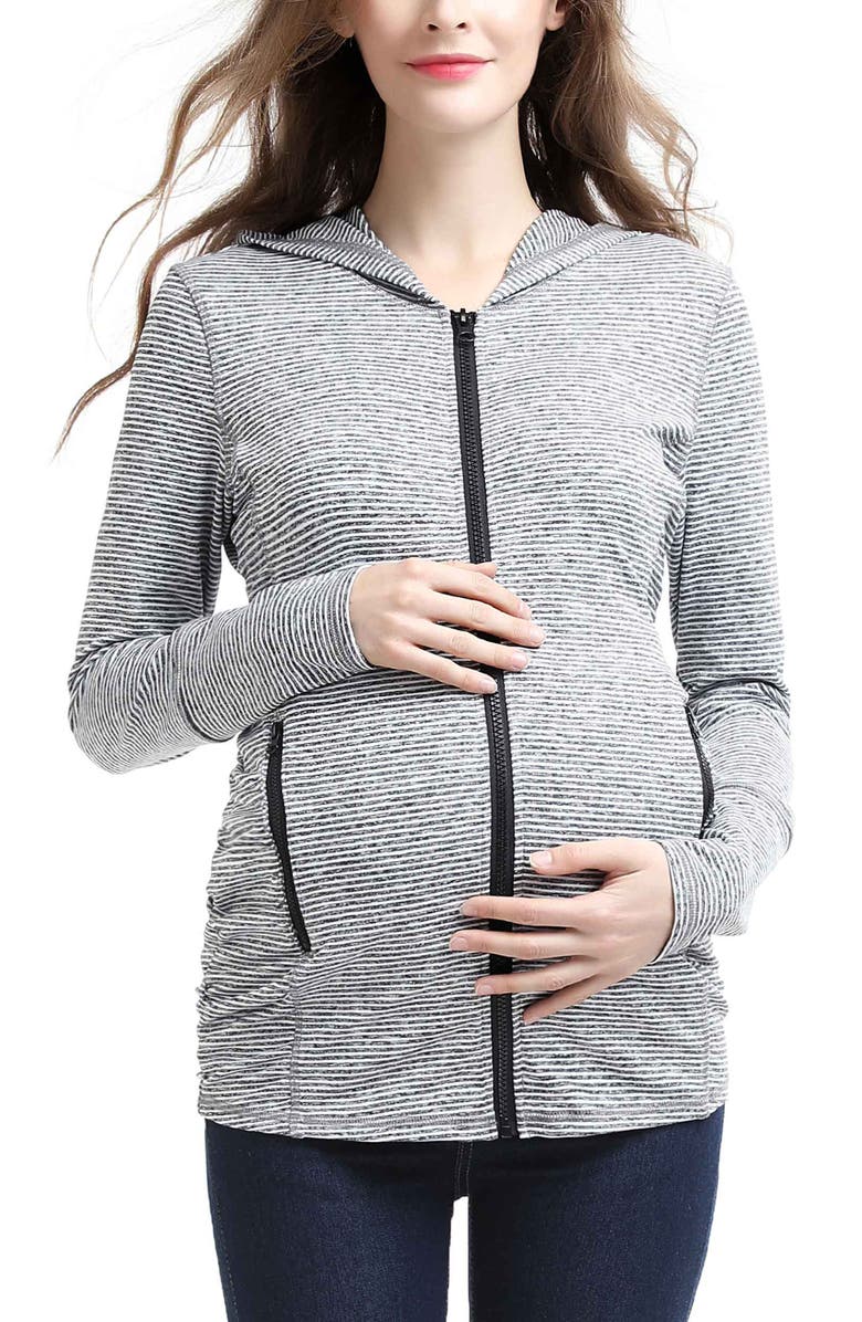 Kimi & Kai Haven Striped Side Ruched Maternity Performance Hoodie, Main, color, Black White